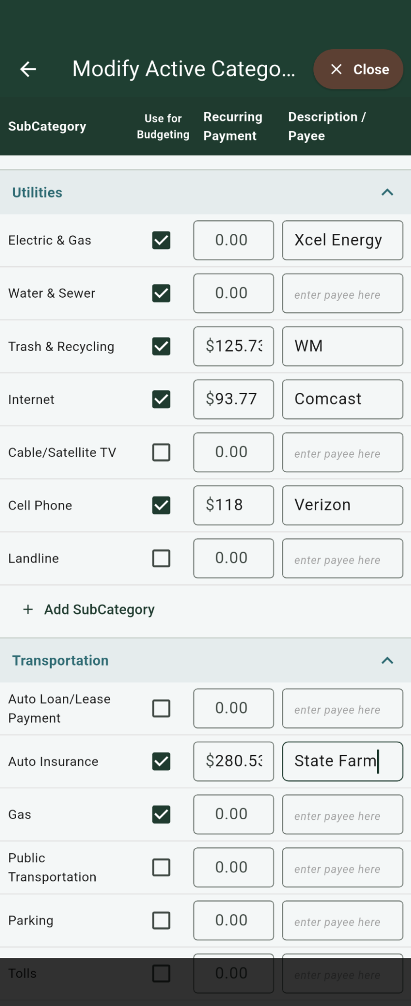 Active Categories screenshot