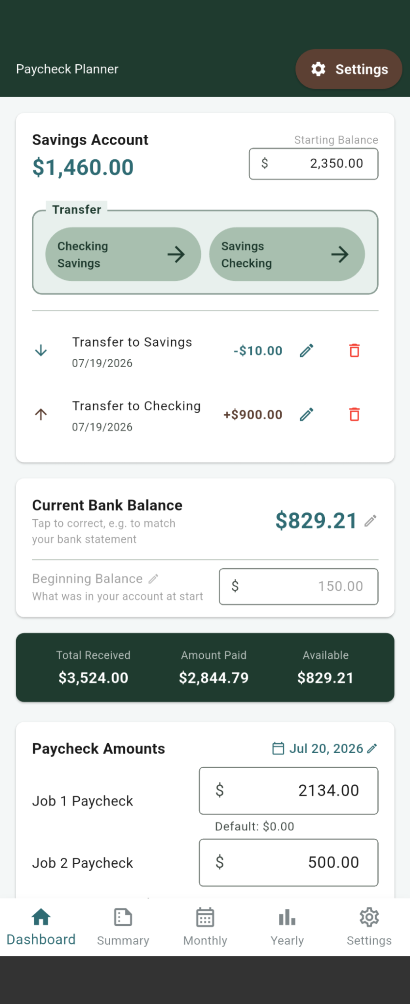 Dashboard and Savings screenshot