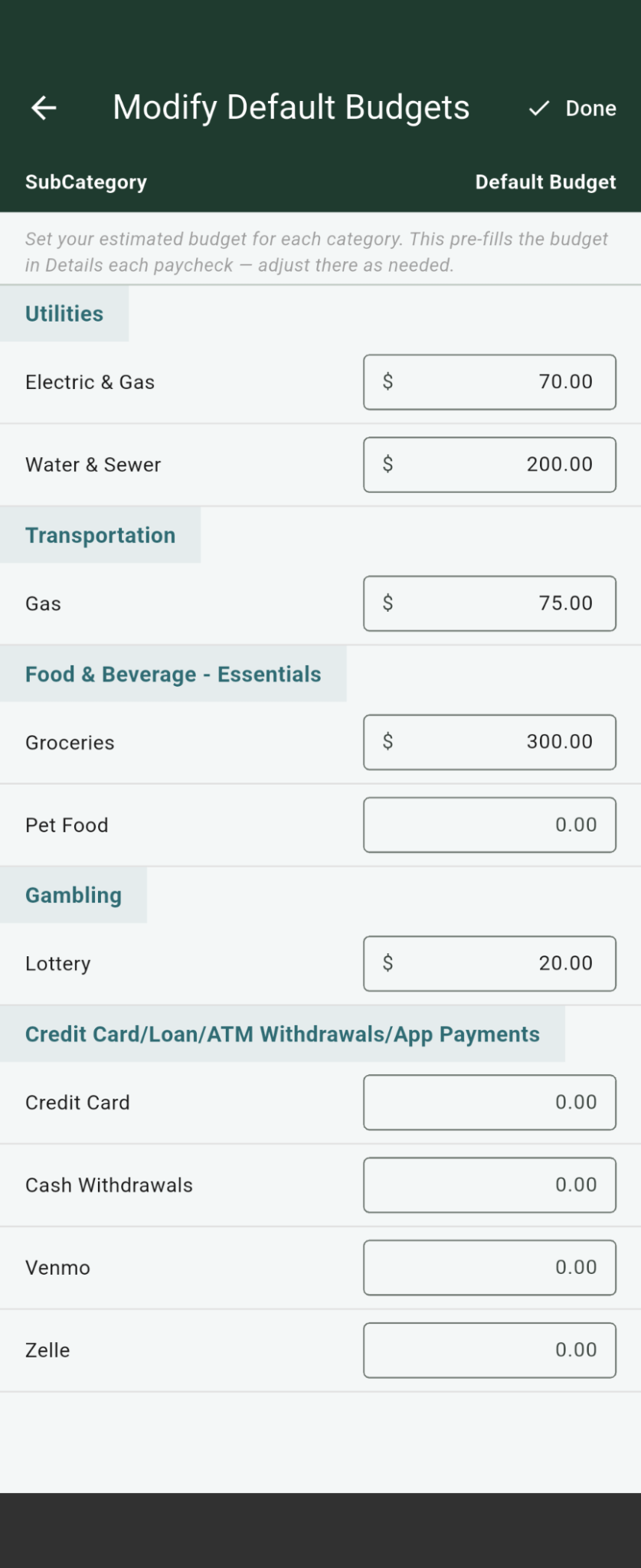 Default Budgets screenshot