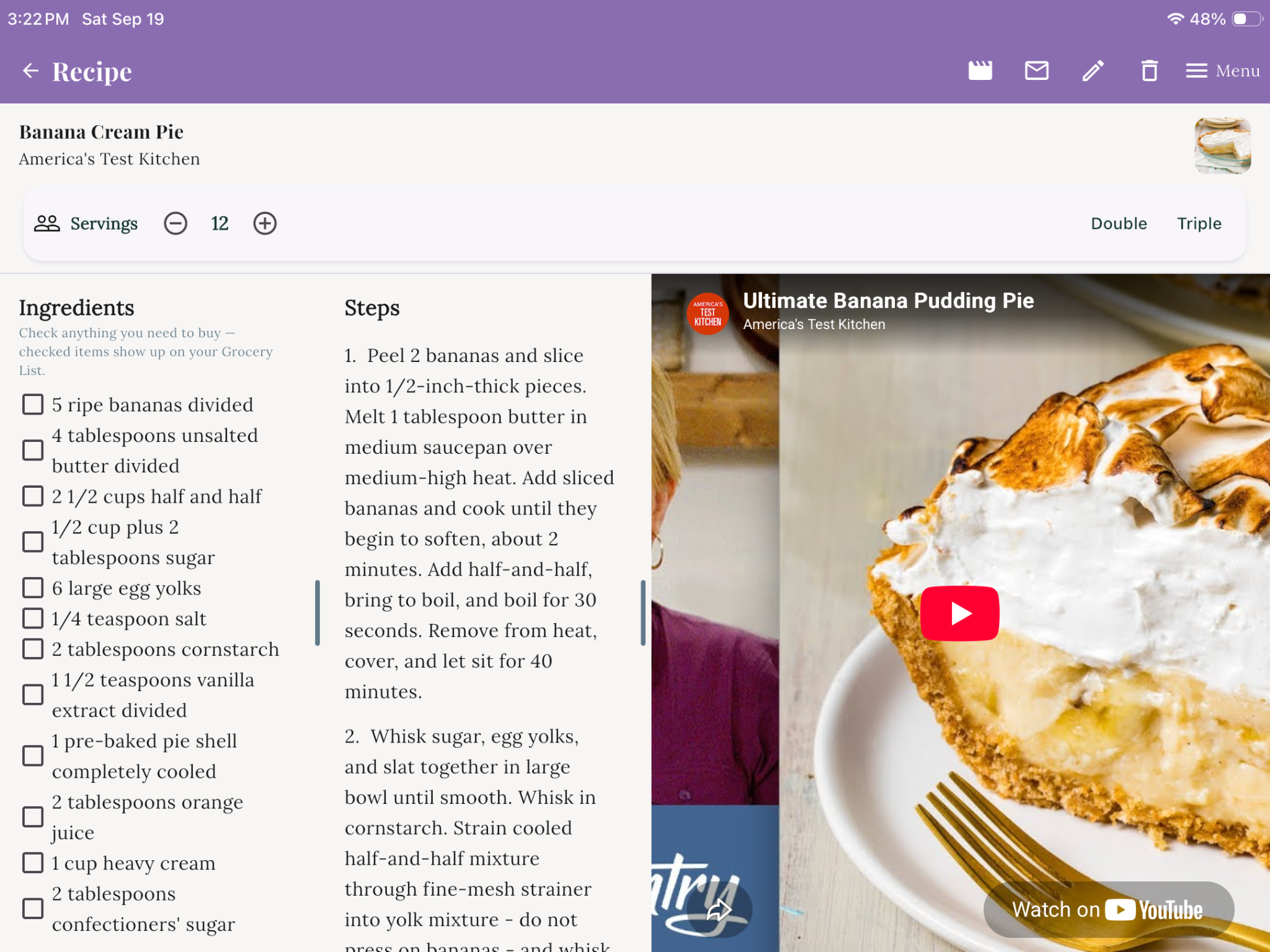 Actual Cook-Along tablet screenshot showing recipe steps, ingredients and video