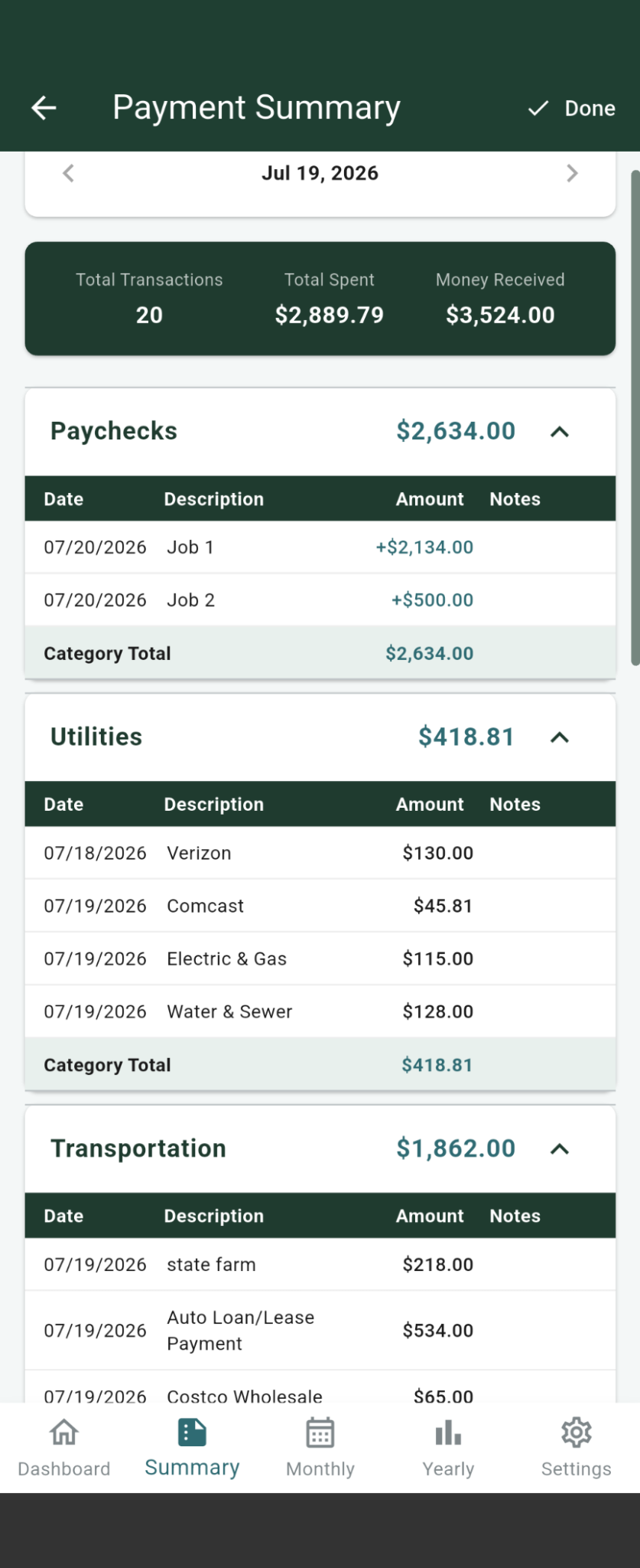 Payment Summary screenshot